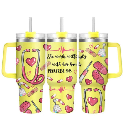 Nurse Pattern 40oz Insulated Coffee Tumbler with Lid, 1 Count Stainless Steel Water Bottle, Drinking Cup for Home Office School, Gift for Nurse, Birthday Gift, Drinkware, Insulated Tumblers
