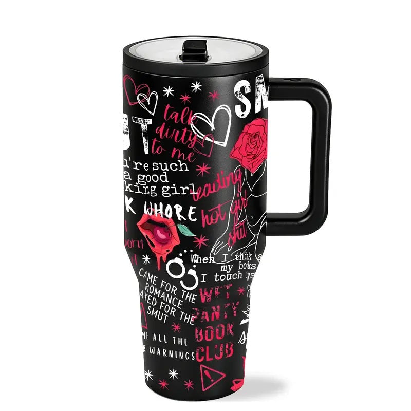 1 pc 40oz Insulated Mug with Handle and Straw Lid, Double-Wall Vacuum Leakproof Tumbler, Leak-Proof Large-Capacity Thermal Cup Keeps Drinks Hot 12 Hours and Cold 24 Hours, Smut Book Club Dark Rose Heart Print Gift for Women and Men, Insulated Travel Cup