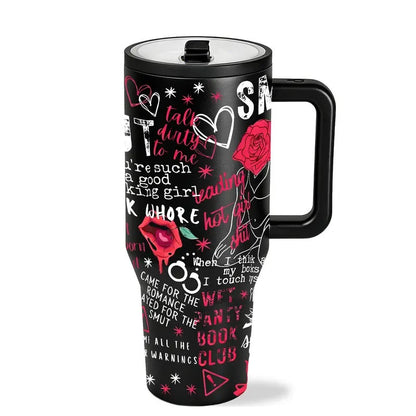 1 pc 40oz Insulated Mug with Handle and Straw Lid, Double-Wall Vacuum Leakproof Tumbler, Leak-Proof Large-Capacity Thermal Cup Keeps Drinks Hot 12 Hours and Cold 24 Hours, Smut Book Club Dark Rose Heart Print Gift for Women and Men, Insulated Travel Cup