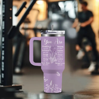 Women's 40oz Sturdy Transparent Vacuum Flask Tumbler with Handle - Purple Christian Beach & Coffee Drinkware, Spiritual Encouragement Gift for Mom, Birthday, Christmas