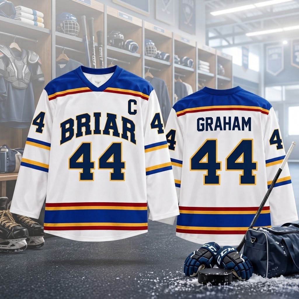 Briar Graham #44 Hockey Jersey – White Blue Gold Ice Hockey Fan Shirt, Long Sleeve V-Neck Hockey Uniform, Hockey Lover Gift