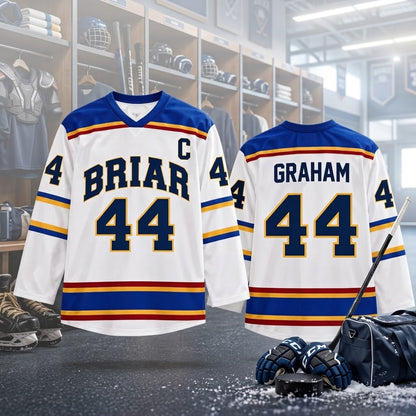 Briar Graham #44 Hockey Jersey – White Blue Gold Ice Hockey Fan Shirt, Long Sleeve V-Neck Hockey Uniform, Hockey Lover Gift