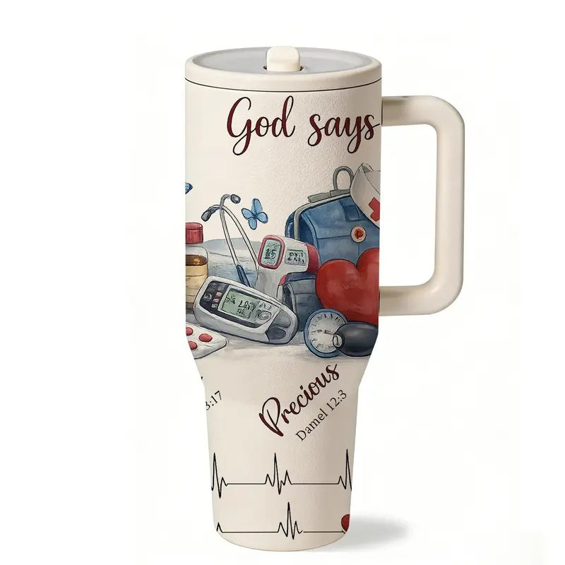 40oz Insulated Stainless Steel Mug, Vacuum Thermo Flask, Double Wall Vacuum Leak Proof, Keeps Hot 12h Cold 24h, Nurse Appreciation Gift, Heart Stethoscope Print, Holiday Gift for Women and Men