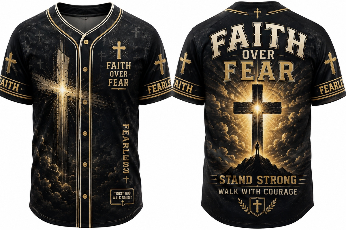 Faith Over Fear Christian Baseball Jersey Shirt, Men's Cross Graphic Button Up Jersey, Religious Faith Gift for Men