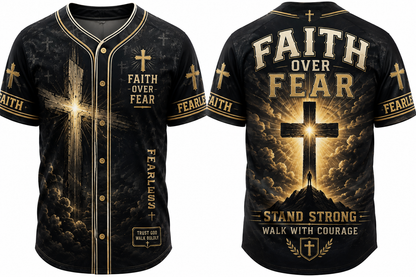Faith Over Fear Christian Baseball Jersey Shirt, Men's Cross Graphic Button Up Jersey, Religious Faith Gift for Men