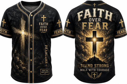 Faith Over Fear Christian Baseball Jersey Shirt, Men's Cross Graphic Button Up Jersey, Religious Faith Gift for Men