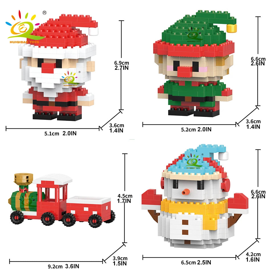 Santa, elf, Christmas train and blue-hat snowman sizes