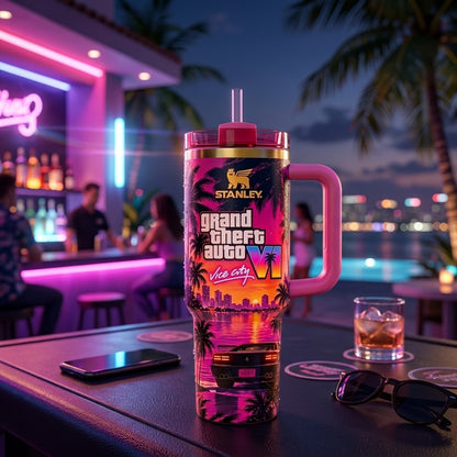 GTA VI Inspired 40oz Tumbler with Handle and Straw – Retro Miami Sunset, Tropical Palm Trees & 80s Neon Aesthetic Gaming Cup, Gift for Gamers