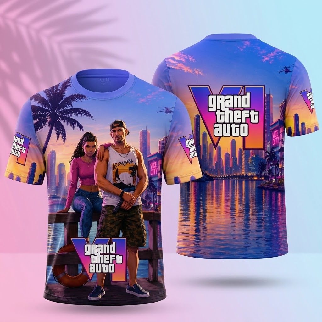 GTA 6 Vice City Inspired T-Shirt, Grand Theft Auto VI Graphic Tee, Retro Miami Sunset Gaming Shirt, Gamer Gift for Men and Women