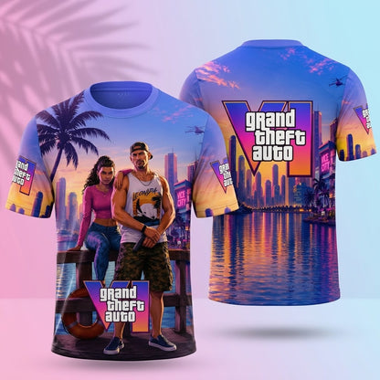 GTA 6 Vice City Inspired T-Shirt, Grand Theft Auto VI Graphic Tee, Retro Miami Sunset Gaming Shirt, Gamer Gift for Men and Women
