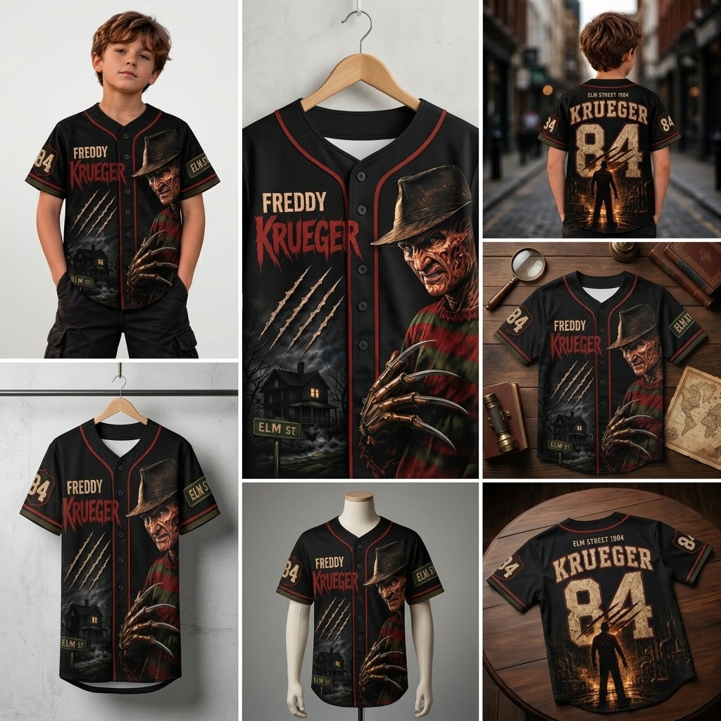 Kids Horror Slasher Baseball Jersey – Classic Horror Movie Characters 3D All-Over Print Button-Up Shirt, Halloween Outfit for Boys & Girls