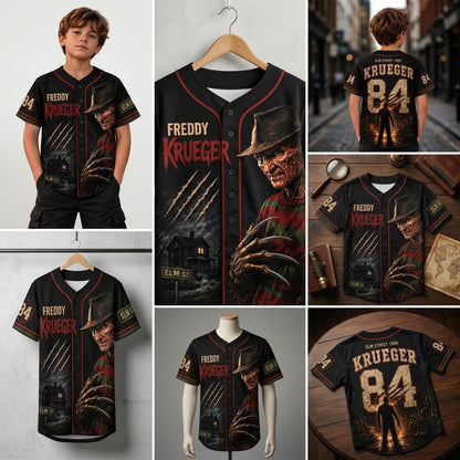 Kids Horror Slasher Baseball Jersey – Classic Horror Movie Characters 3D All-Over Print Button-Up Shirt, Halloween Outfit for Boys & Girls