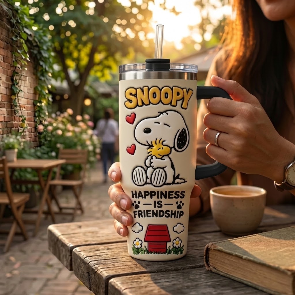 Snoopy & Woodstock Insulated Tumbler with Handle and Straw, Cute Peanuts Travel Coffee Mug