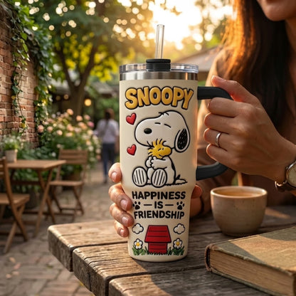 Snoopy & Woodstock Insulated Tumbler with Handle and Straw, Cute Peanuts Travel Coffee Mug