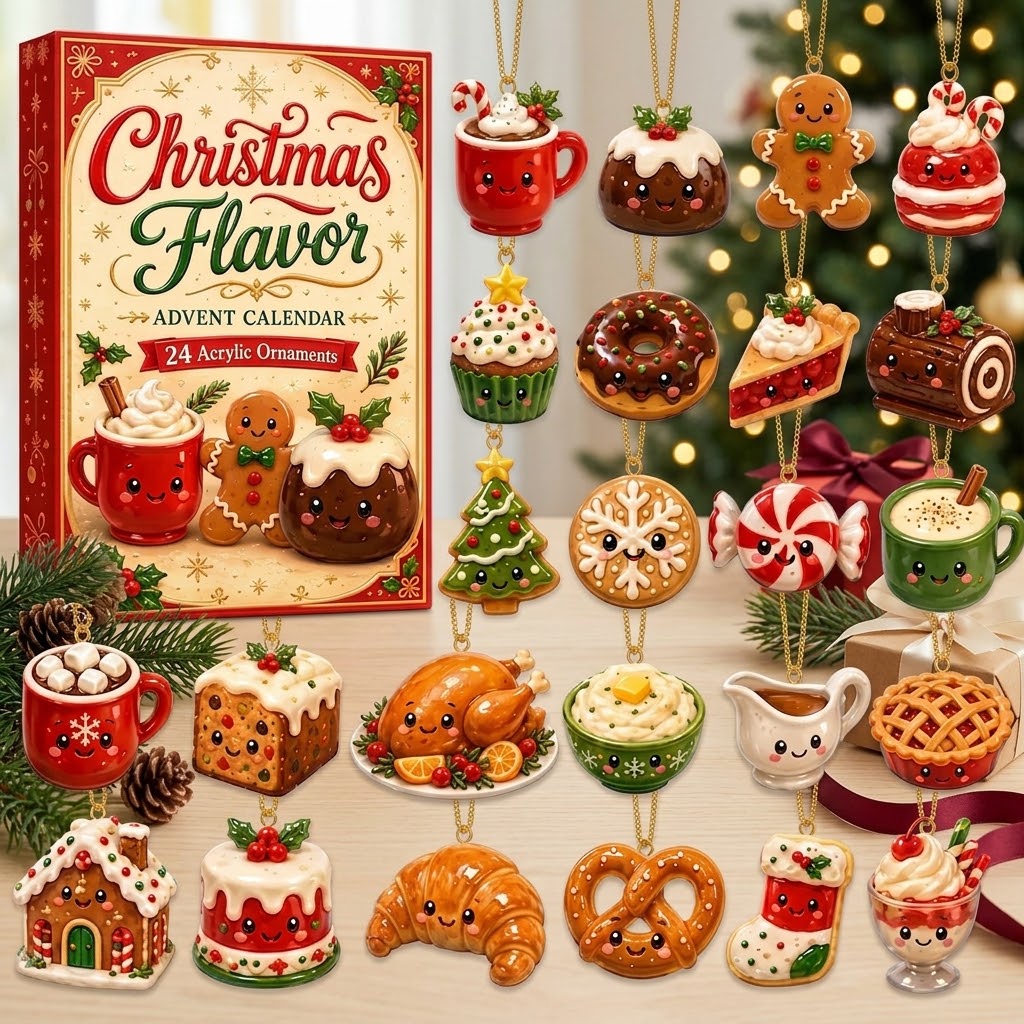 Christmas Flavor Advent Calendar 2026 – 24 Day Christmas Countdown with Cute Food Acrylic Ornaments, Holiday Treats Blind Box Gift