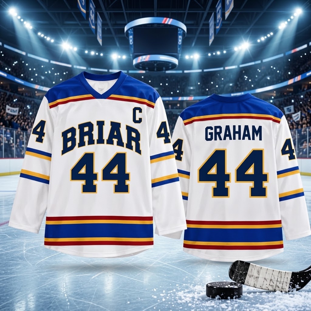 Briar Graham #44 Hockey Jersey – White Blue Gold Ice Hockey Fan Shirt, Long Sleeve V-Neck Hockey Uniform, Hockey Lover Gift