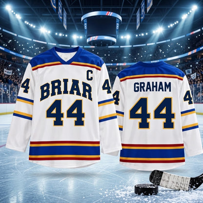 Briar Graham #44 Hockey Jersey – White Blue Gold Ice Hockey Fan Shirt, Long Sleeve V-Neck Hockey Uniform, Hockey Lover Gift