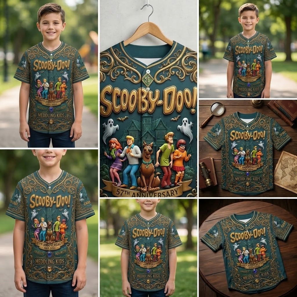 Scooby-Doo 57th Anniversary 1969–2026 Kids Baseball Jersey – Mystery Inc. 3D All-Over Print Button-Up Shirt, Retro Cartoon Gift for Boys & Girls