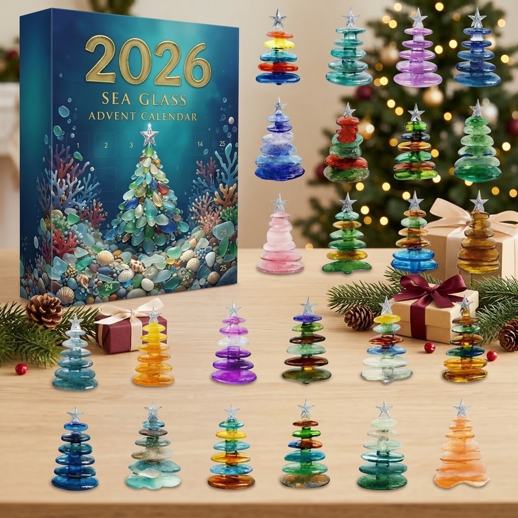 Sea Glass Advent Calendar 2026 – 24 Day Christmas Countdown with Coastal Beach Acrylic Ornaments, Ocean Lover Holiday Gift Box