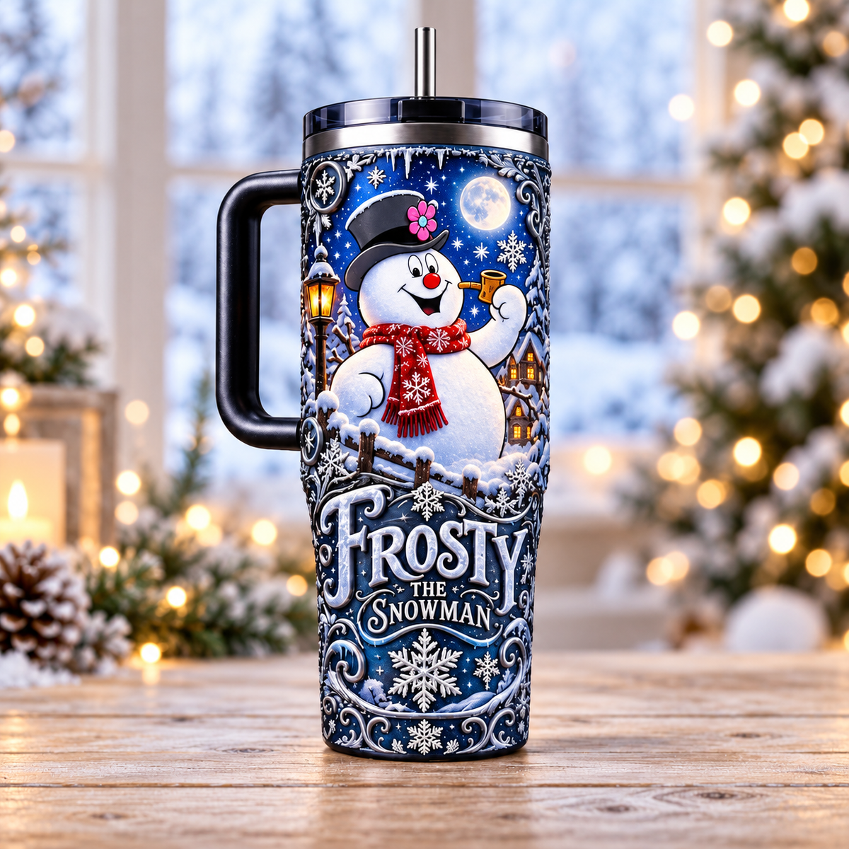 Frosty the Snowman 40oz Christmas Tumbler with Handle and Straw, Cute Snowman Winter Insulated Cup, Holiday Travel Mug, Christmas Gift for Women
