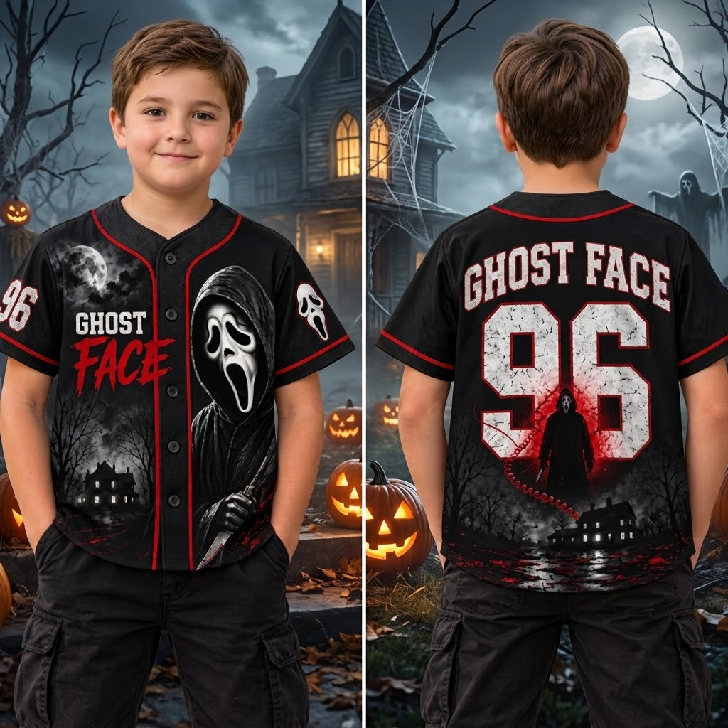 Kids Horror Slasher Baseball Jersey – Classic Horror Movie Characters 3D All-Over Print Button-Up Shirt, Halloween Outfit for Boys & Girls