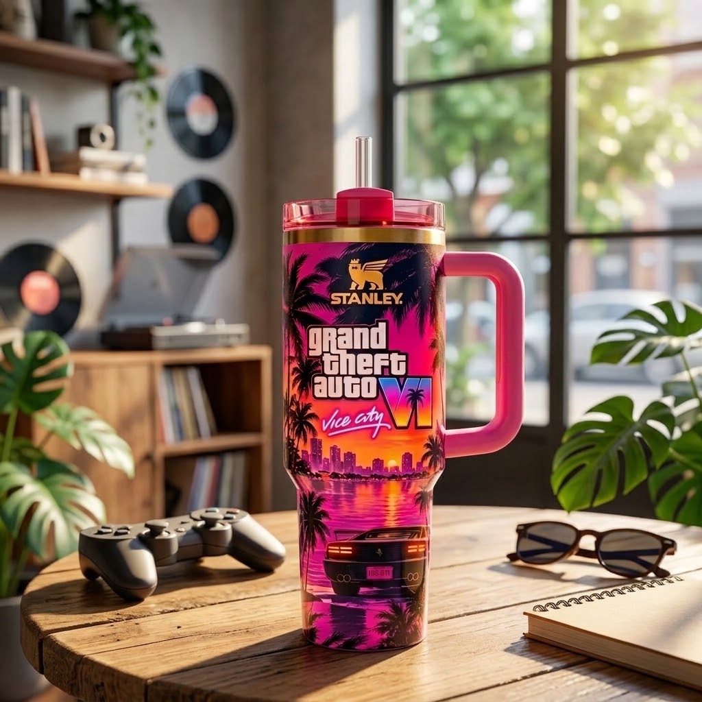 GTA VI Inspired 40oz Tumbler with Handle and Straw – Retro Miami Sunset, Tropical Palm Trees & 80s Neon Aesthetic Gaming Cup, Gift for Gamers