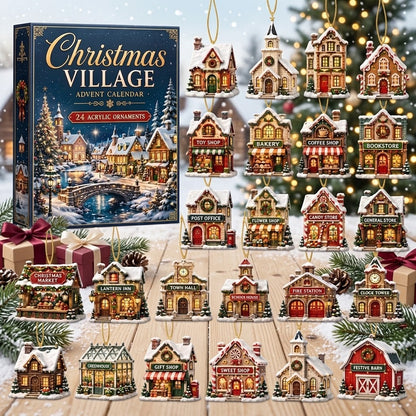 Christmas Village Advent Calendar 2026, 24 Acrylic Tiny Houses Ornaments, Winter Town Countdown Blind Box, Holiday Tree Hanging Decor Gift
