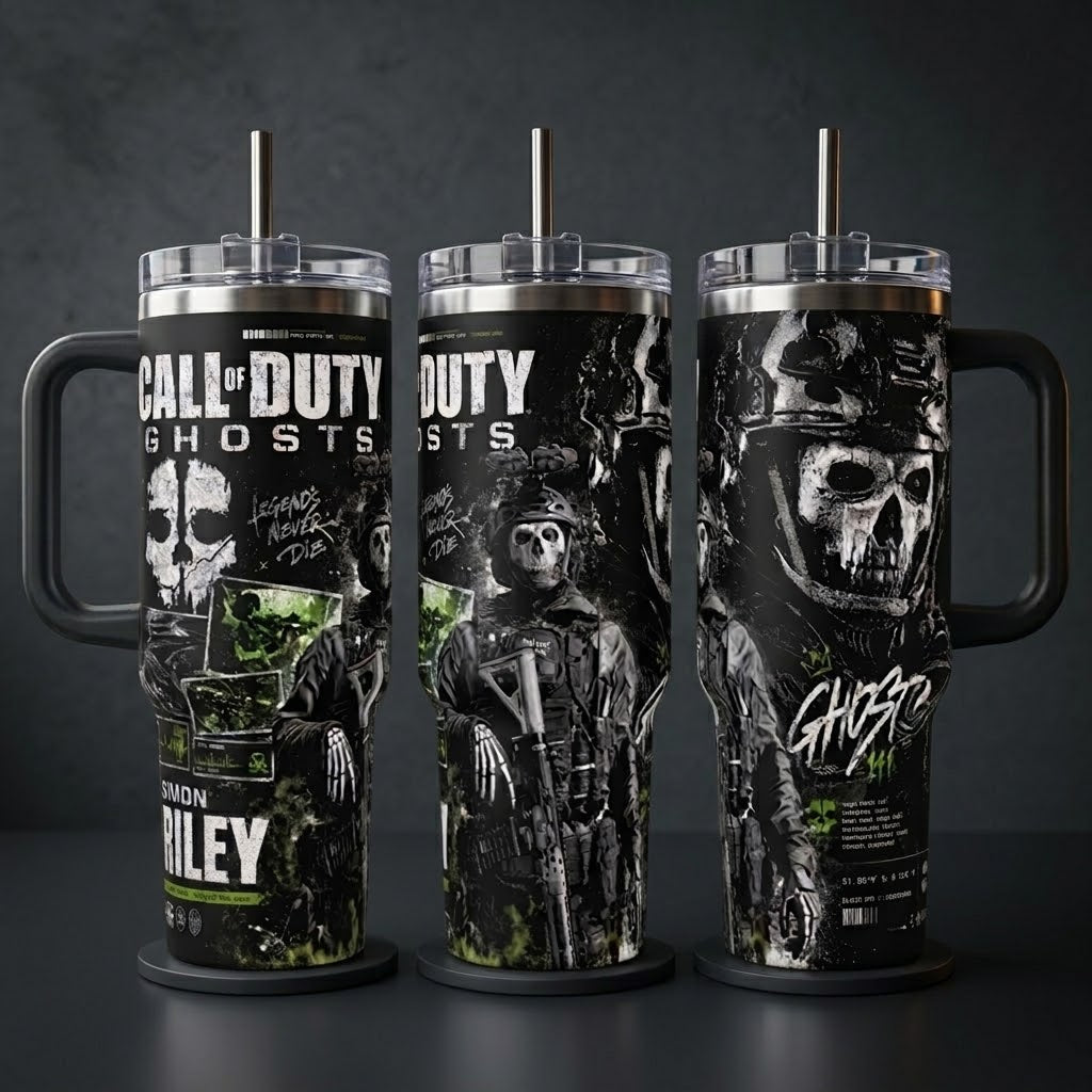 Call of Duty Ghost Simon Riley Stainless Steel Insulated Tumbler - 40oz Handle Cup with Silicone Lid, Printed Task Force 141 Graphics, Gaming Gift for Fans, Insulation