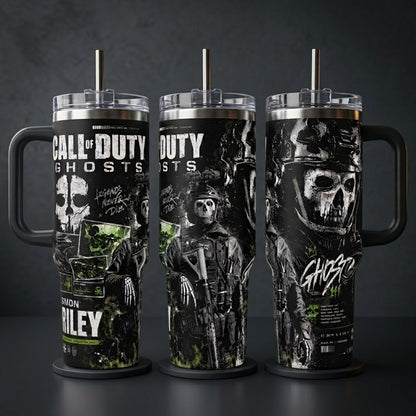 Call of Duty Ghost Simon Riley Stainless Steel Insulated Tumbler - 40oz Handle Cup with Silicone Lid, Printed Task Force 141 Graphics, Gaming Gift for Fans, Insulation