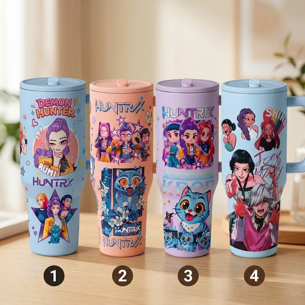 K-Pop Ghost Hunter Theme Wicked Water Bottle with Straw & Lid, Reusable Hard Plastic,  Eco-Friendly Drinkware for School, Travel, Coffee Use & Halloween Parties, Teen Gift