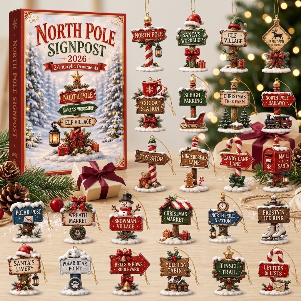 North Pole Signpost Advent Calendar 2026 – 24 Day Christmas Countdown with Acrylic Direction Sign Ornaments, Holiday Blind Box Gift