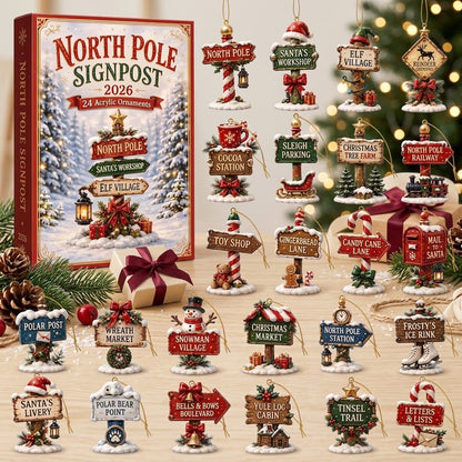 North Pole Signpost Advent Calendar 2026 – 24 Day Christmas Countdown with Acrylic Direction Sign Ornaments, Holiday Blind Box Gift