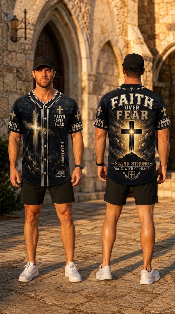 Faith Over Fear Christian Baseball Jersey Shirt, Men's Cross Graphic Button Up Jersey, Religious Faith Gift for Men