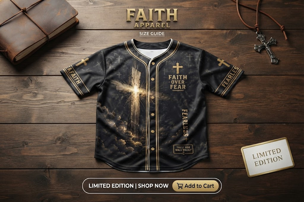 Faith Over Fear Christian Baseball Jersey Shirt, Men's Cross Graphic Button Up Jersey, Religious Faith Gift for Men