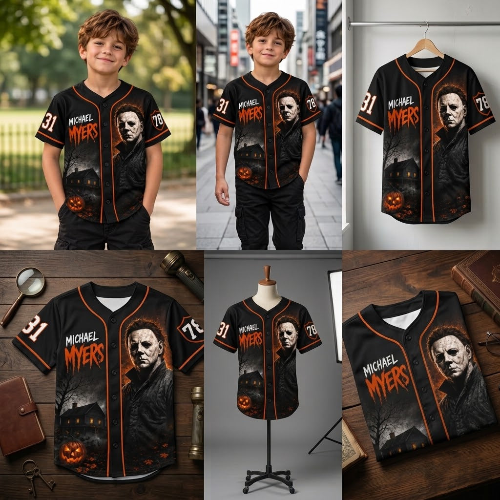 Kids Horror Slasher Baseball Jersey – Classic Horror Movie Characters 3D All-Over Print Button-Up Shirt, Halloween Outfit for Boys & Girls