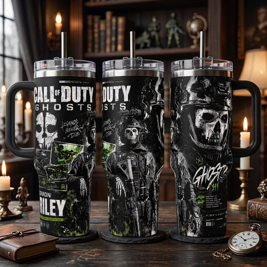 Call of Duty Ghost Simon Riley Stainless Steel Insulated Tumbler - 40oz Handle Cup with Silicone Lid, Printed Task Force 141 Graphics, Gaming Gift for Fans, Insulation
