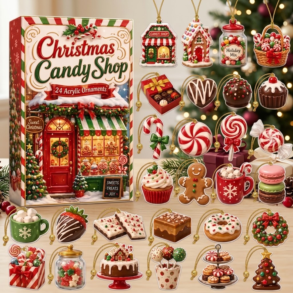 Christmas Candy Shop Advent Calendar 2026 – 24 Day Countdown with Cute Acrylic Ornaments, Pastel Sweet Treats Blind Box, Holiday Gift