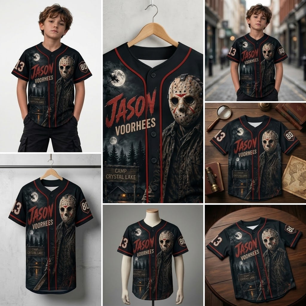 Kids Horror Slasher Baseball Jersey – Classic Horror Movie Characters 3D All-Over Print Button-Up Shirt, Halloween Outfit for Boys & Girls