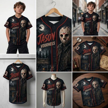 Kids Horror Slasher Baseball Jersey – Classic Horror Movie Characters 3D All-Over Print Button-Up Shirt, Halloween Outfit for Boys & Girls