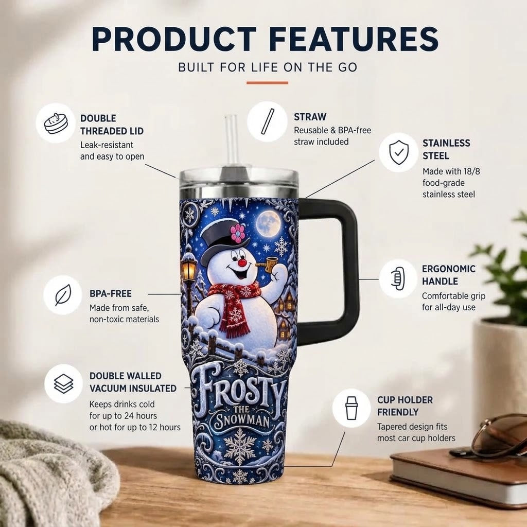Frosty the Snowman 40oz Christmas Tumbler with Handle and Straw, Cute Snowman Winter Insulated Cup, Holiday Travel Mug, Christmas Gift for Women
