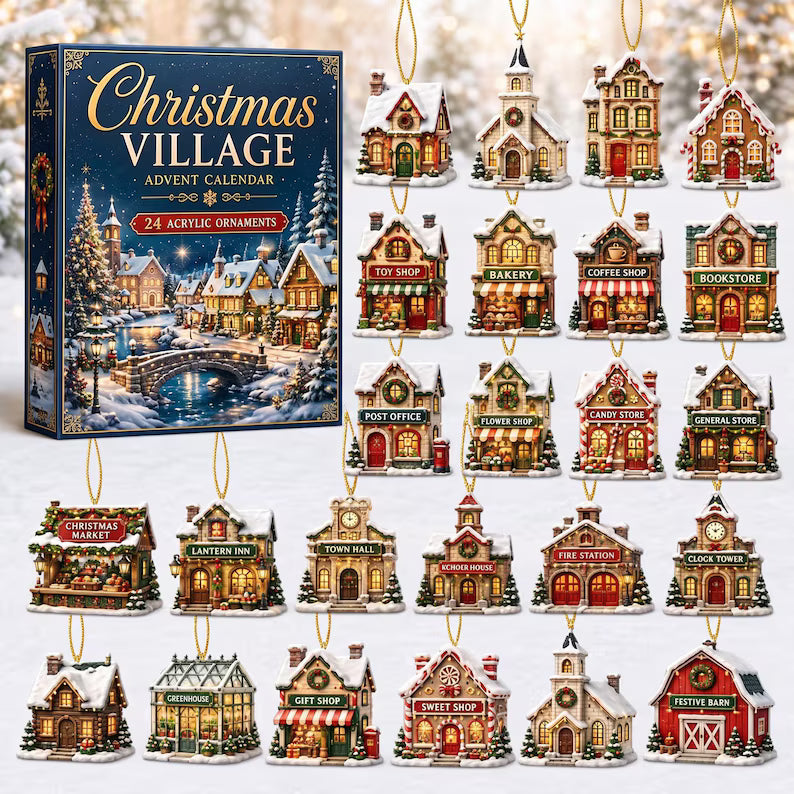 Christmas Village Advent Calendar 2026, 24 Acrylic Tiny Houses Ornaments, Winter Town Countdown Blind Box, Holiday Tree Hanging Decor Gift