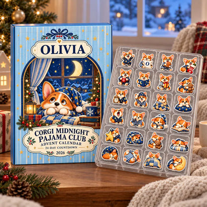Personalized Corgi Advent Calendar, 24-Day Christmas Countdown, Midnight Pajama Club