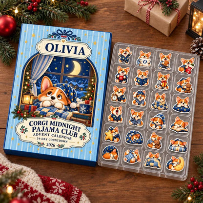 Personalized Corgi Advent Calendar, 24-Day Christmas Countdown, Midnight Pajama Club