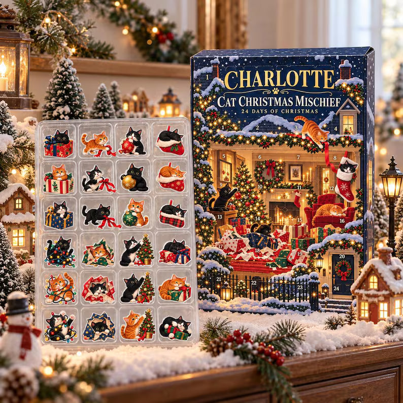 Personalized Cat Advent Calendar 2026 – 24 Day Christmas Countdown with Cute Kitty Acrylic Ornaments, Custom Cat Lover Holiday Gift