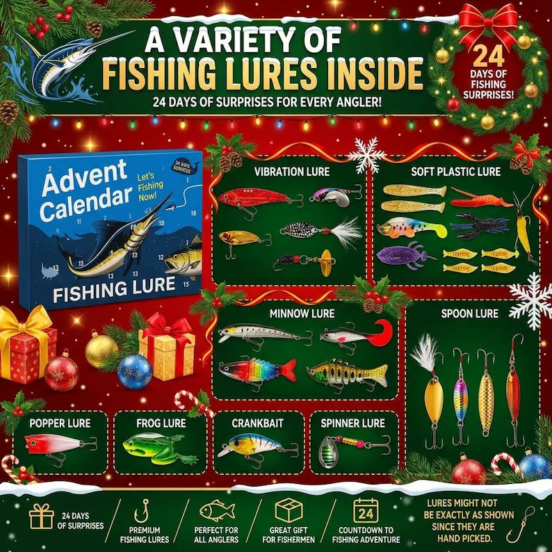 24 Days Fishing Advent Calendar - Christmas Countdown with Fishing Lures - Gift for Fisherman, Angler, Dad or Husband