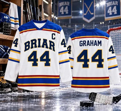 Briar Graham #44 Hockey Jersey – White Blue Gold Ice Hockey Fan Shirt, Long Sleeve V-Neck Hockey Uniform, Hockey Lover Gift