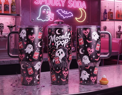 40oz Spooky Cute Ghost Tumbler with Handle and Straw Halloween Soda Lover Insulated Travel Mug Stainless Steel Cup Gift