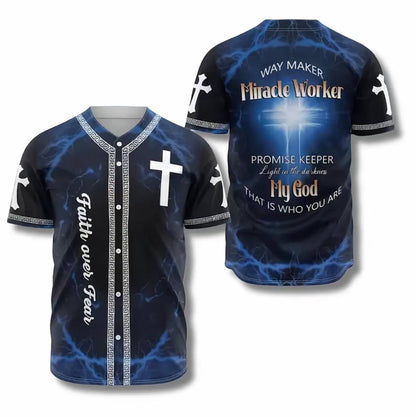 Faith Over Fear Christian Baseball Jersey, Way Maker Miracle Worker Cross Shirt, Religious Button Up Jersey for Men
