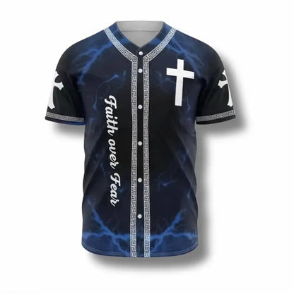 Faith Over Fear Christian Baseball Jersey, Way Maker Miracle Worker Cross Shirt, Religious Button Up Jersey for Men