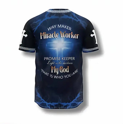 Faith Over Fear Christian Baseball Jersey, Way Maker Miracle Worker Cross Shirt, Religious Button Up Jersey for Men